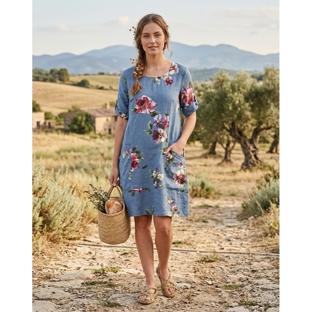 Vasna Tunic Dress Womens M Blue Floral 100% Linen Oversized Lagenlook Pockets